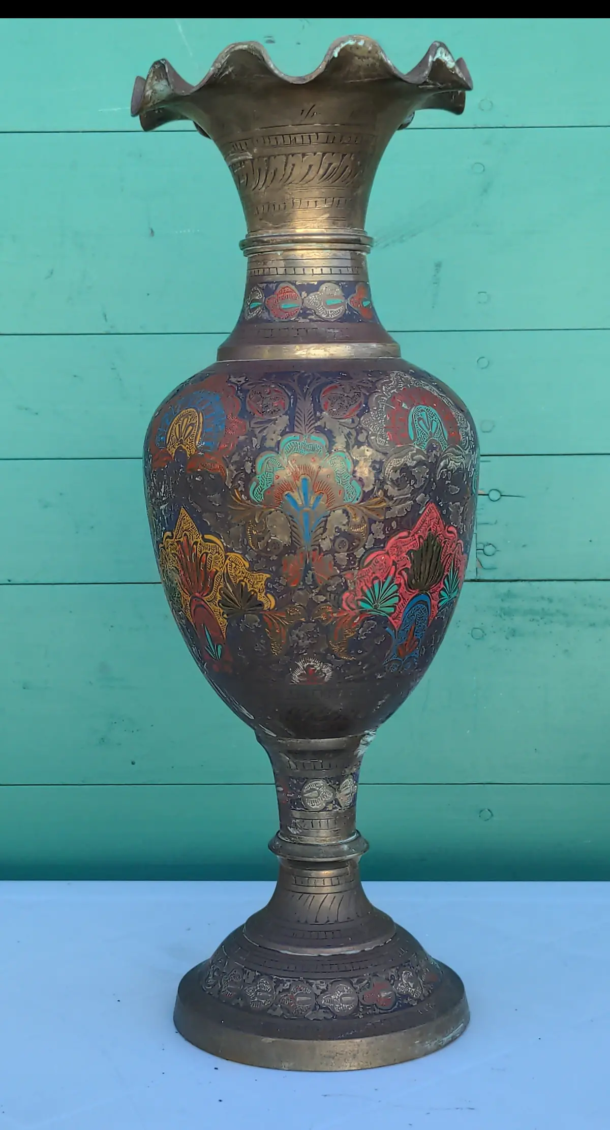 Large Brass Etched And Painted Vase 1