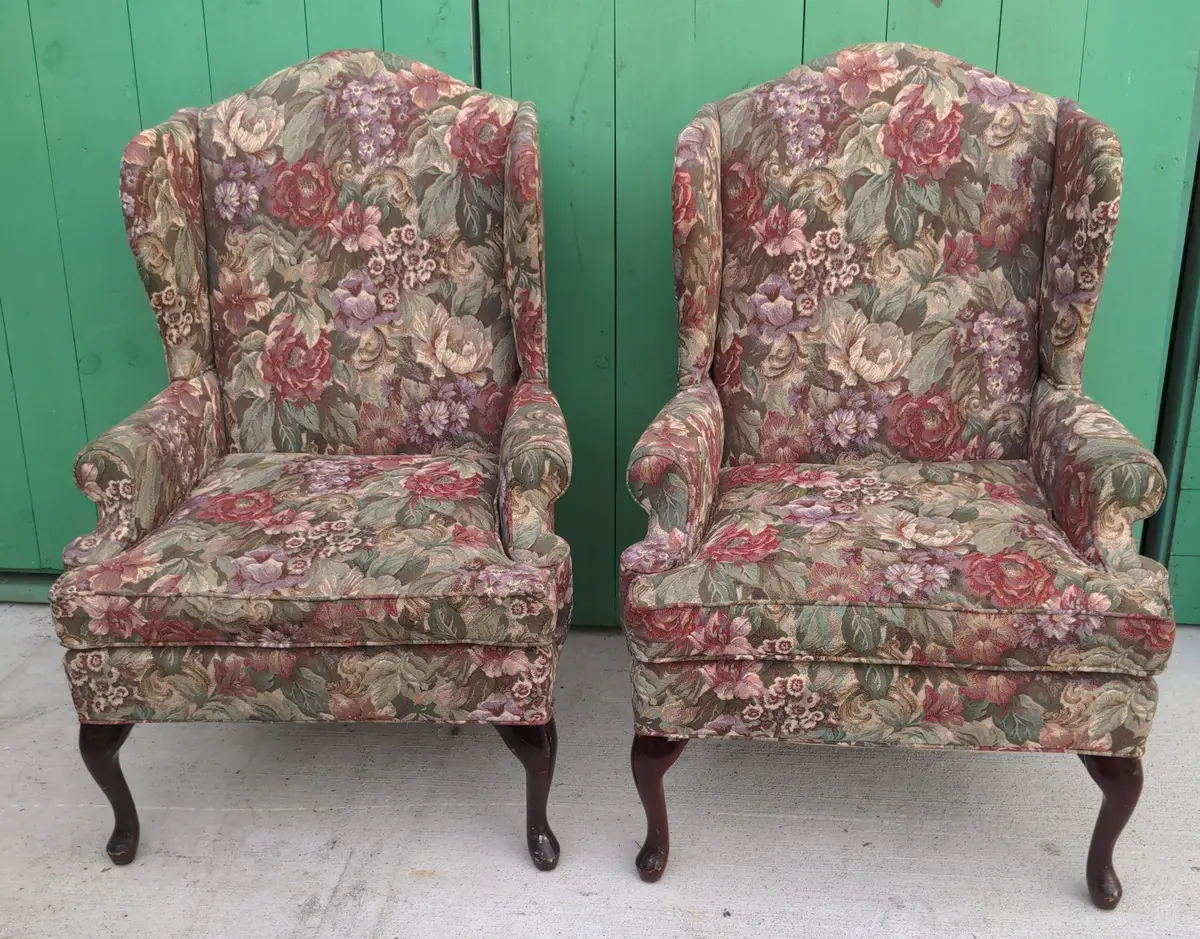 Pair Of Wingback Armchairs With Queen Anne Feet 1