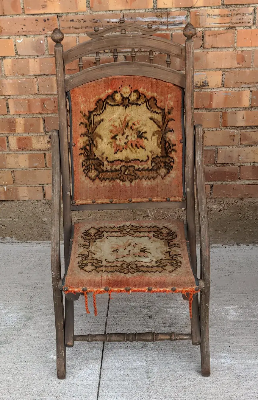 Victorian Folding Chair With Needlepoint Seat And Back 1