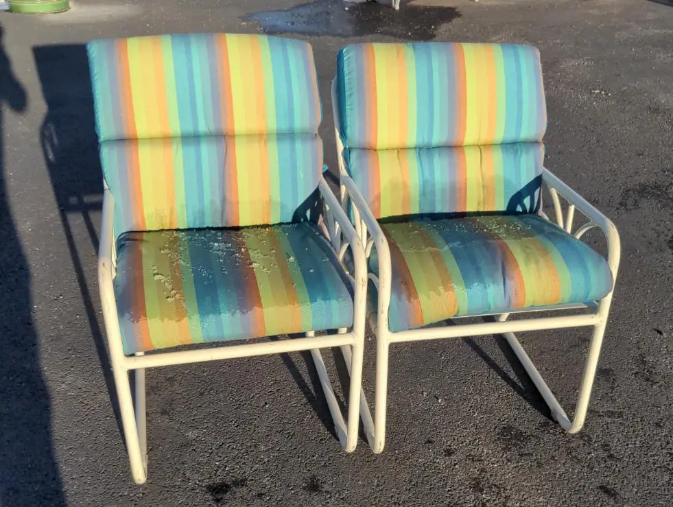 Pair Of White Metal Patio Chairs With Blue/Green Upholstery 1