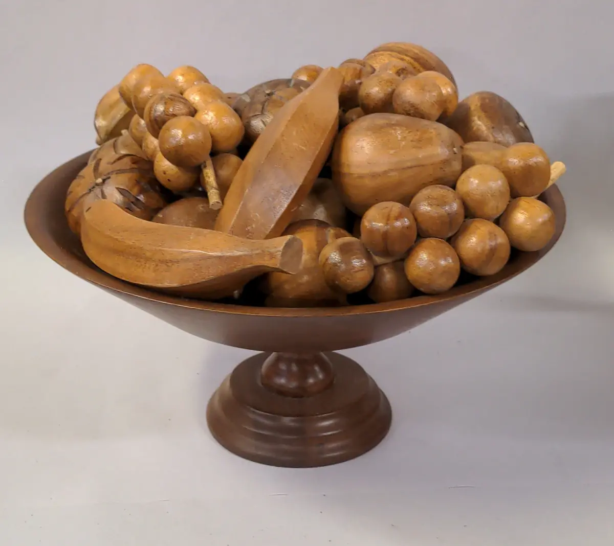Wood Pedestal Bowl With Carved Wood Fruit 1