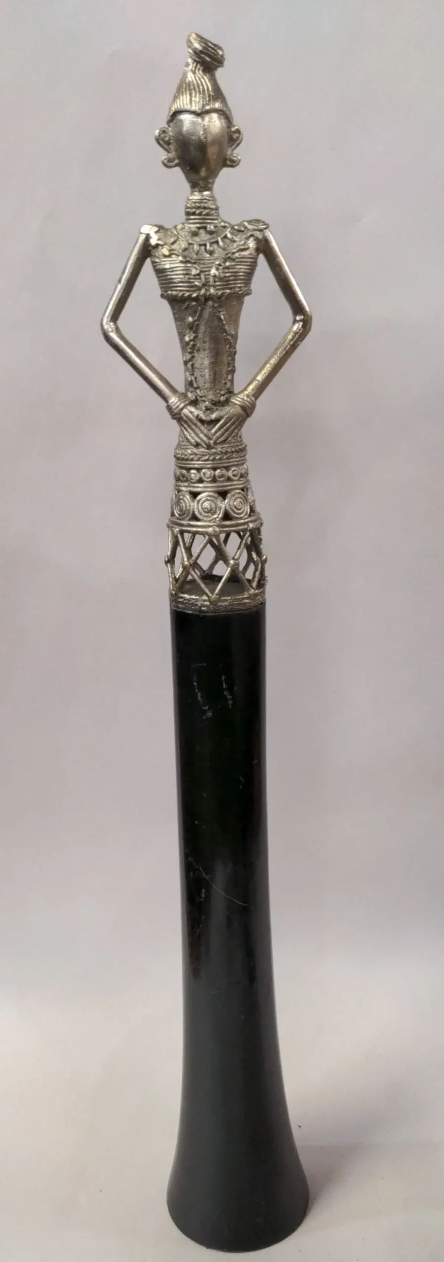 Tall Silver Metal Figural Lady Sculpture On Tall Base 1