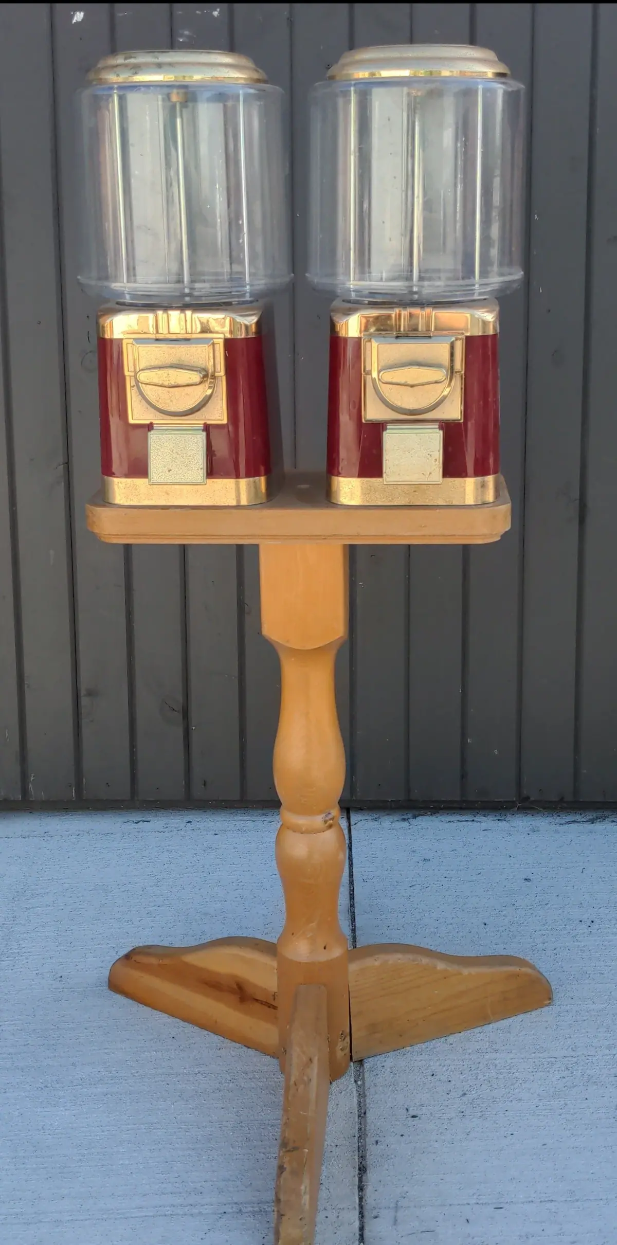 Pair Of Gumball Machines On Pine Stand 1