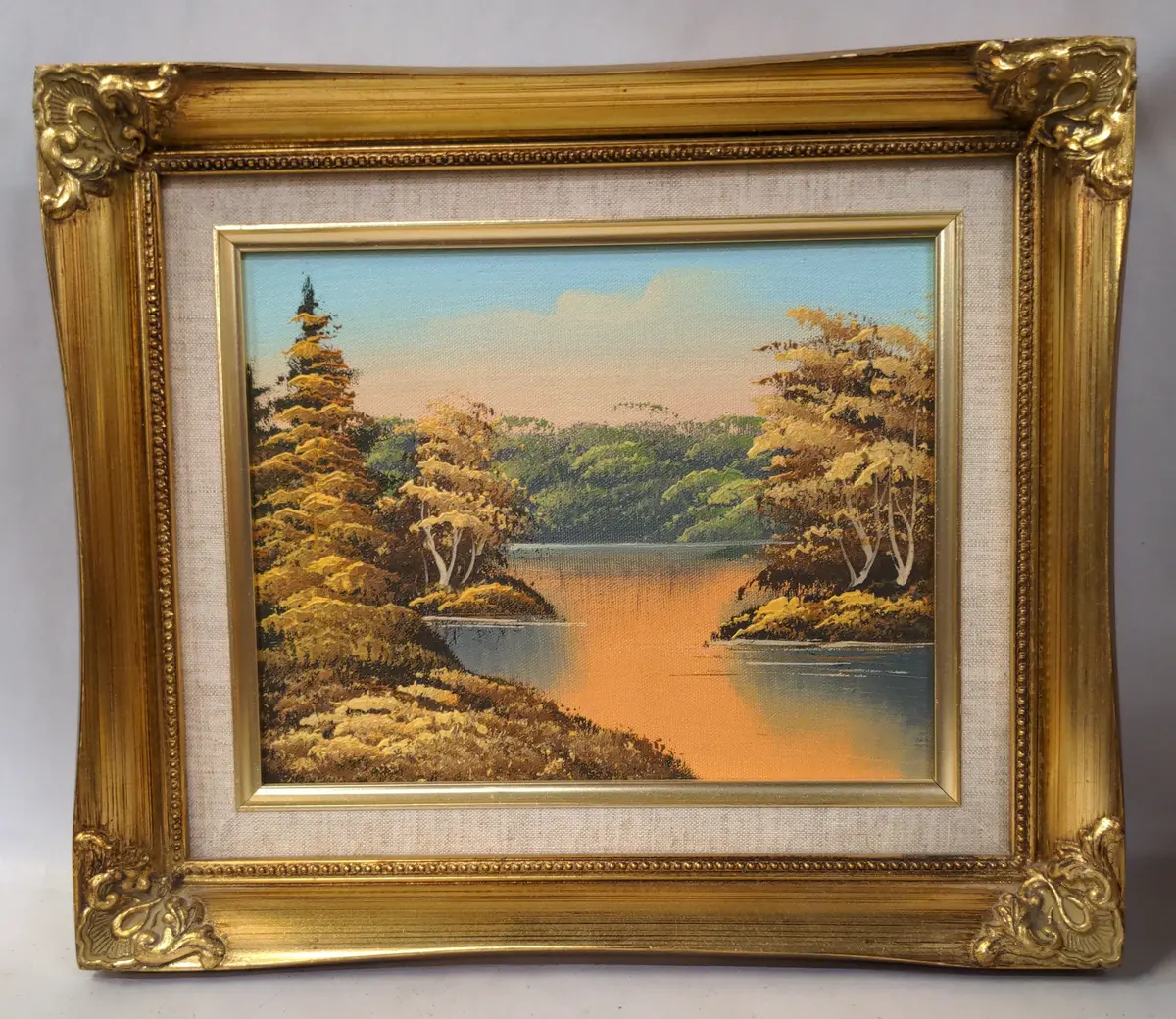 Small Autumn Lake Oil Painting In Gold Frame-Orange Tones 1