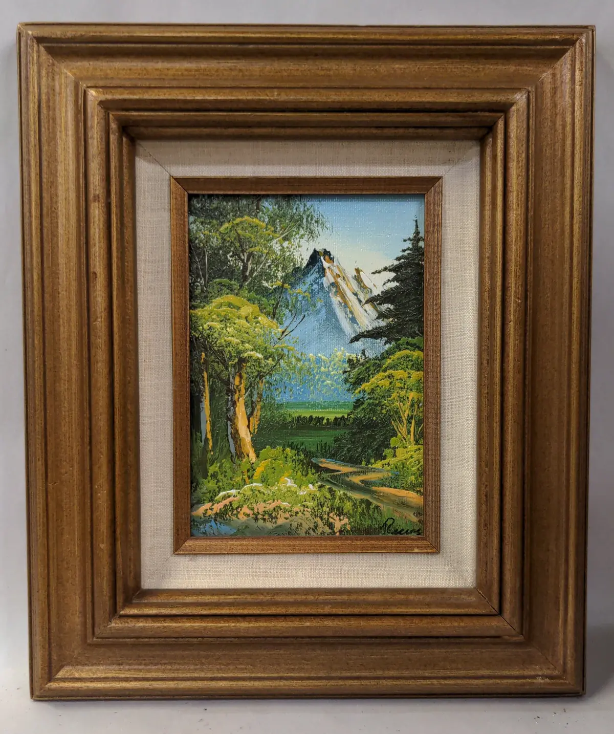 Small Vertical Mountain Oil Painting In Brown Frame 1