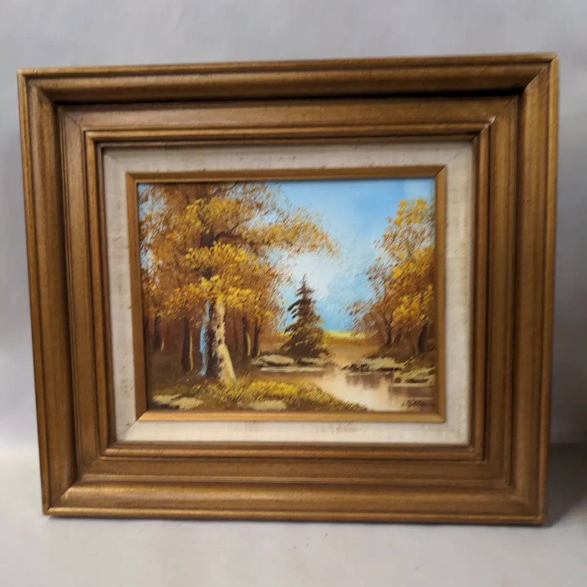 Pine Tree And Stream Oil Painting In Rustic Frame 1