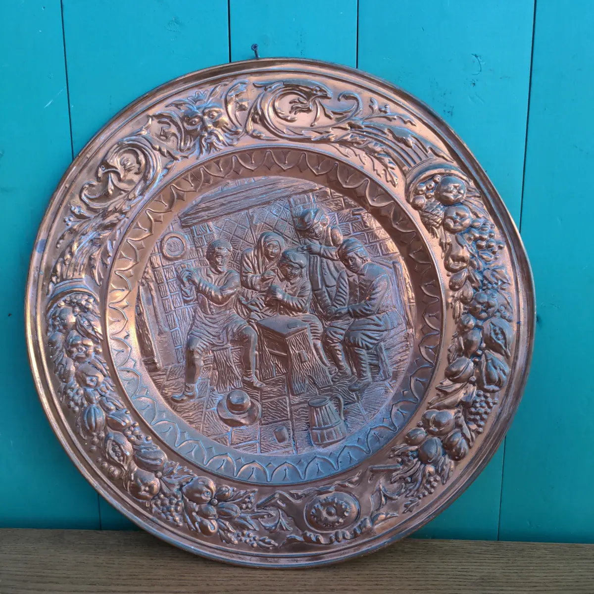 Large Copper Tavern Scene Wall Plaque As Found 1