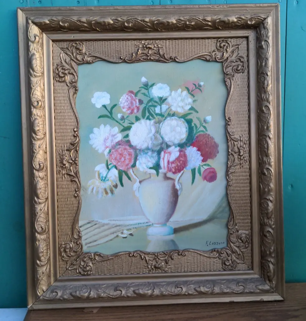 Large Floral Still Life Painting In Antique Frame 1