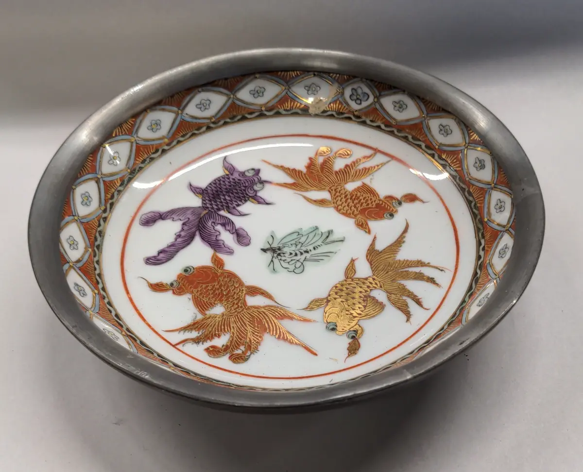 Goldfish Decorated Bowl In Pewter Casing From Neiman Marcus 1