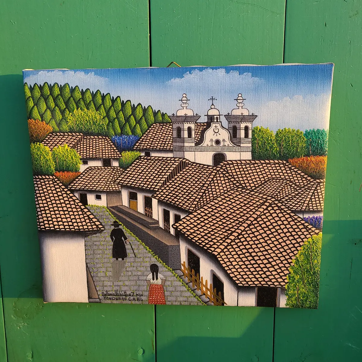 Small Painting Of Honduran Village Church With Priest 1