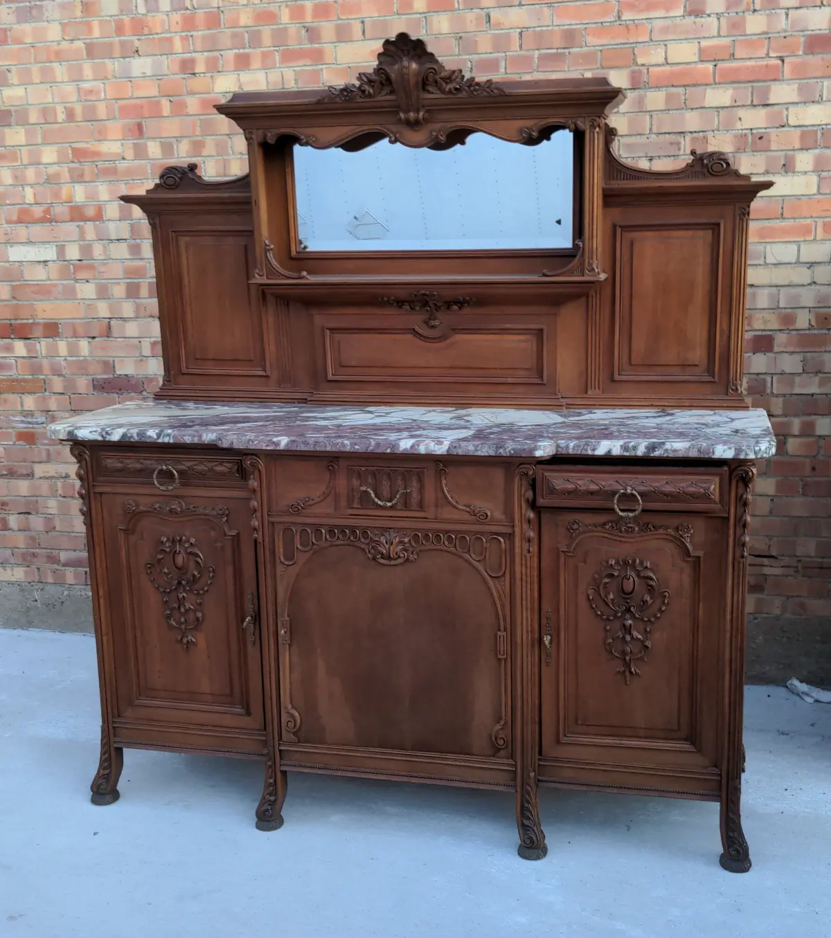 Fine French Marble Top Art Nouveau Sideboard With Mirror 1