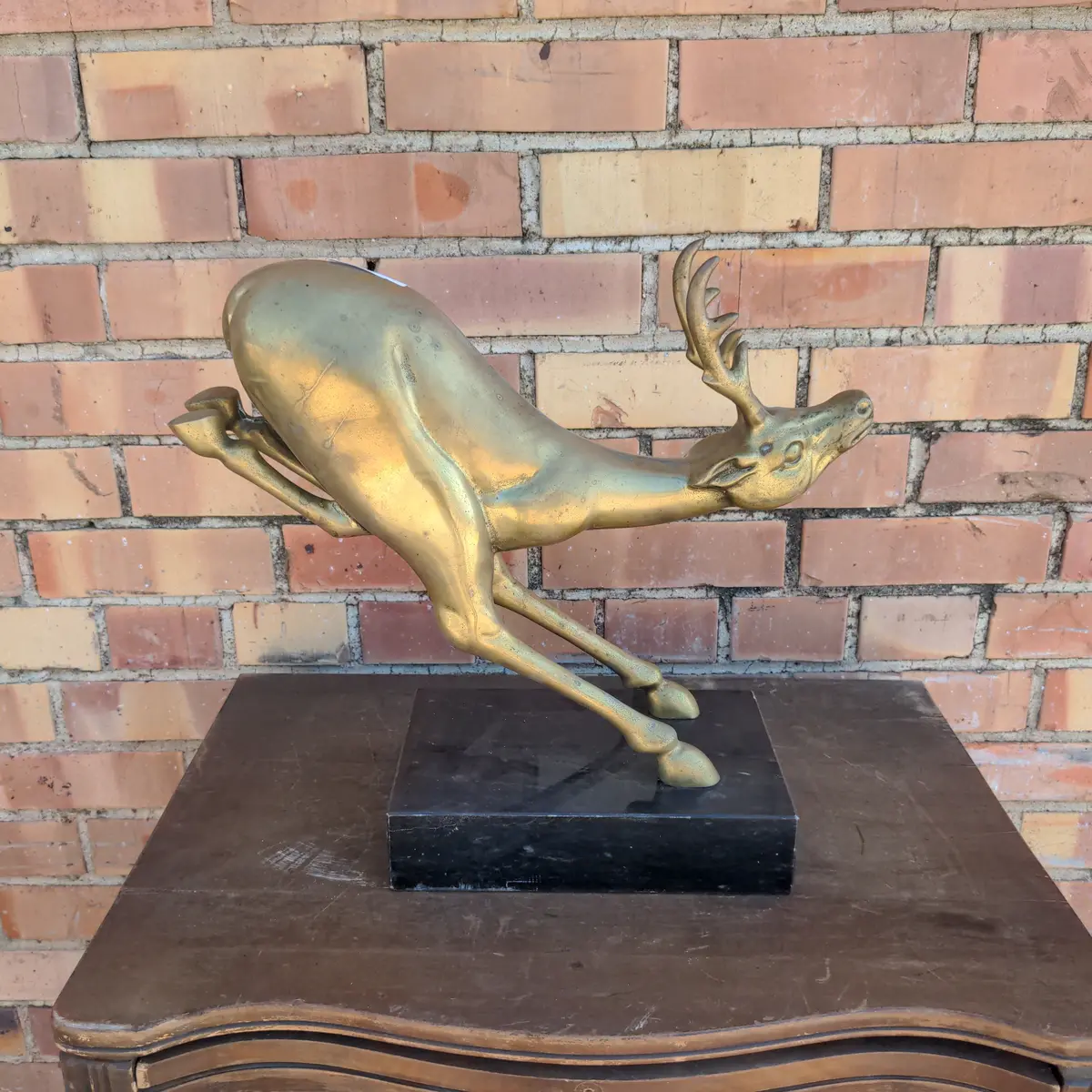 Large Brass Deer On Marble Stand 1