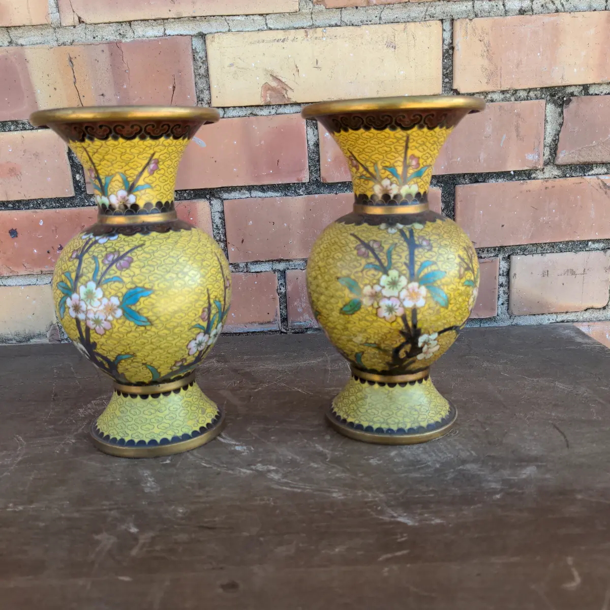 Pair Of Small Yellow Cloisonnie Vases 1