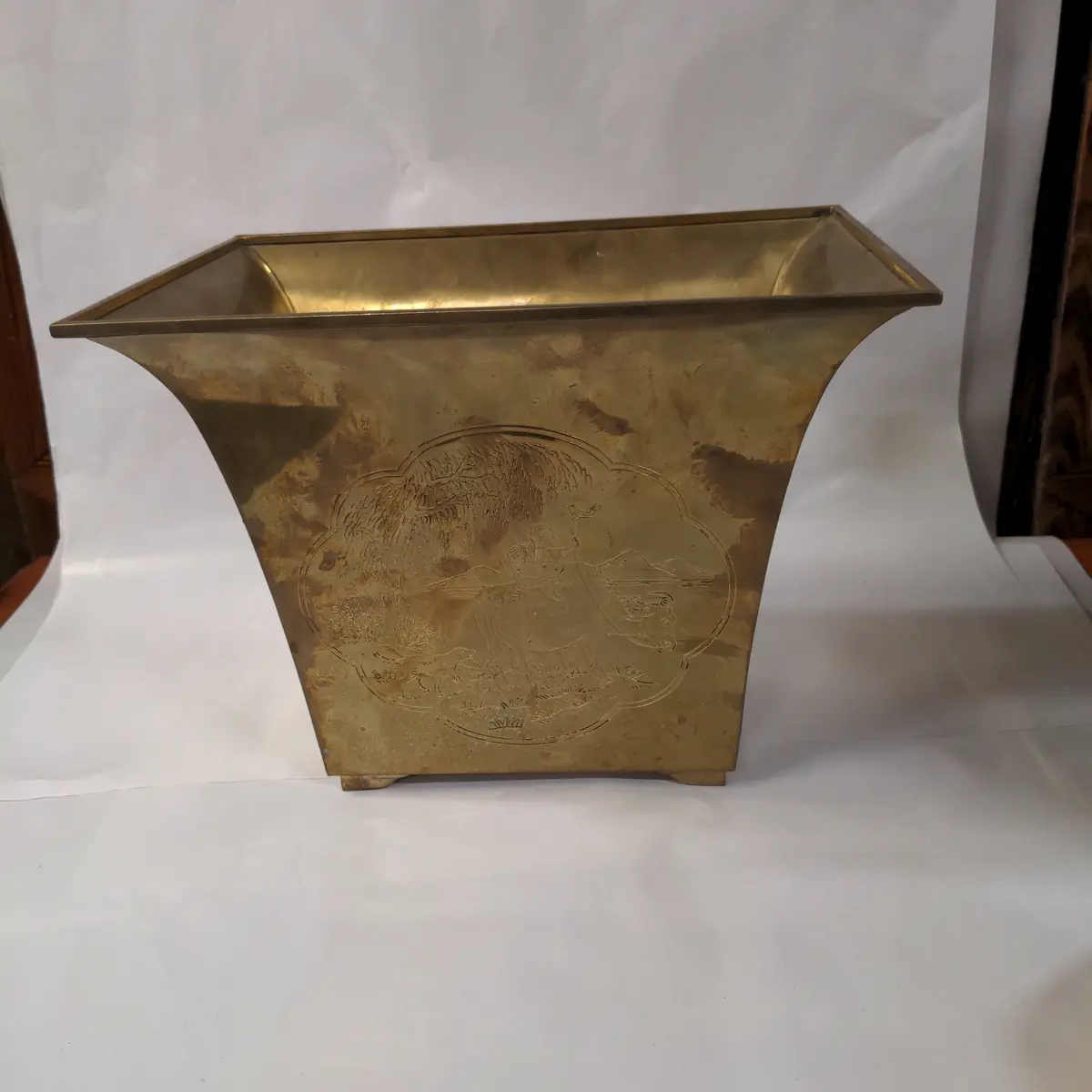 Brass Planter With Asian Scenes - As Is Split Side 1