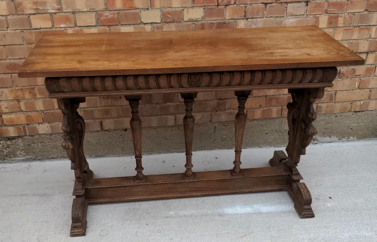 French Carved Oak Console Table With Lions And Cherubs 1