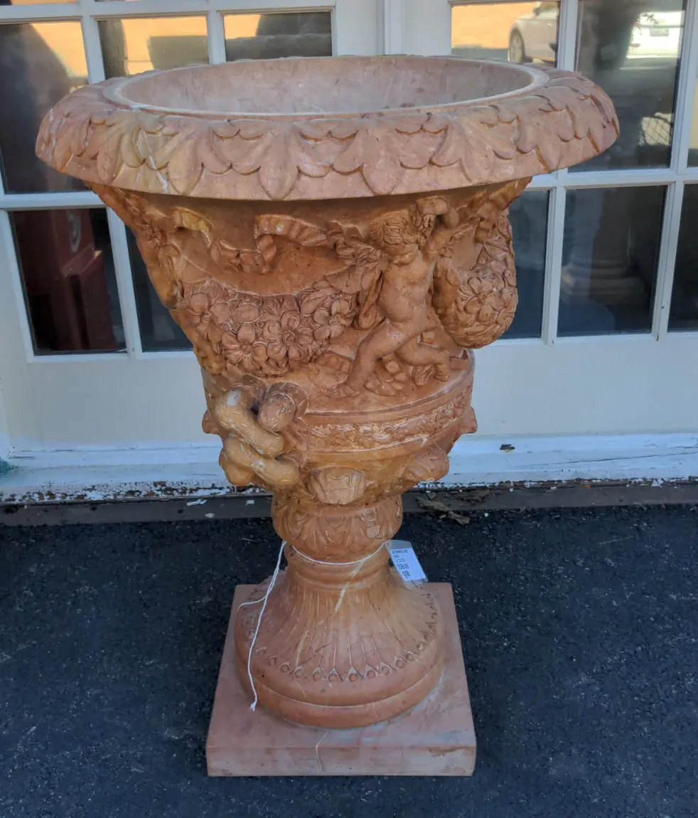 As Is Marble Urn With Carved Cherub 1