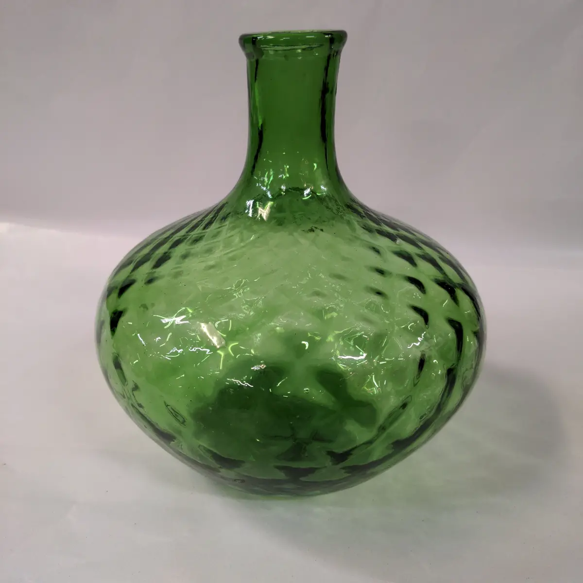 Green Narrow Neck Art Glass Vase- Diamond Pattern Bottle 1