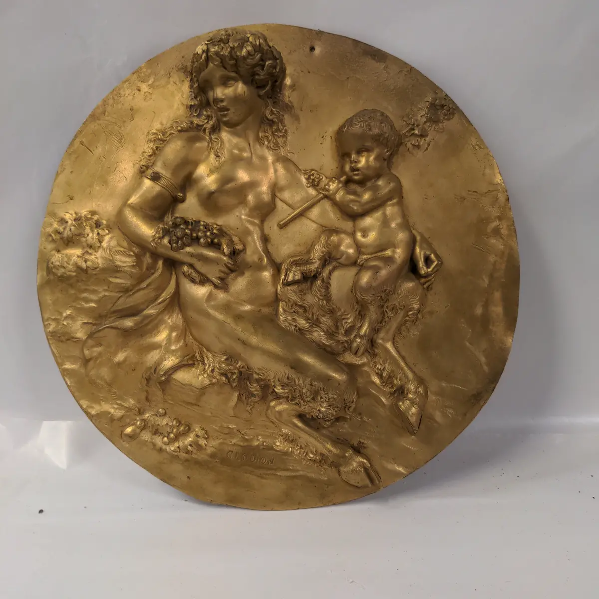 Round Cast Bronze Signed Plaque With Lady Satyress And Child 1