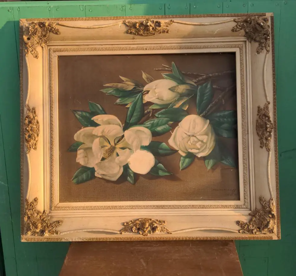 Magnolia Print In White Carved Wood Frame 1
