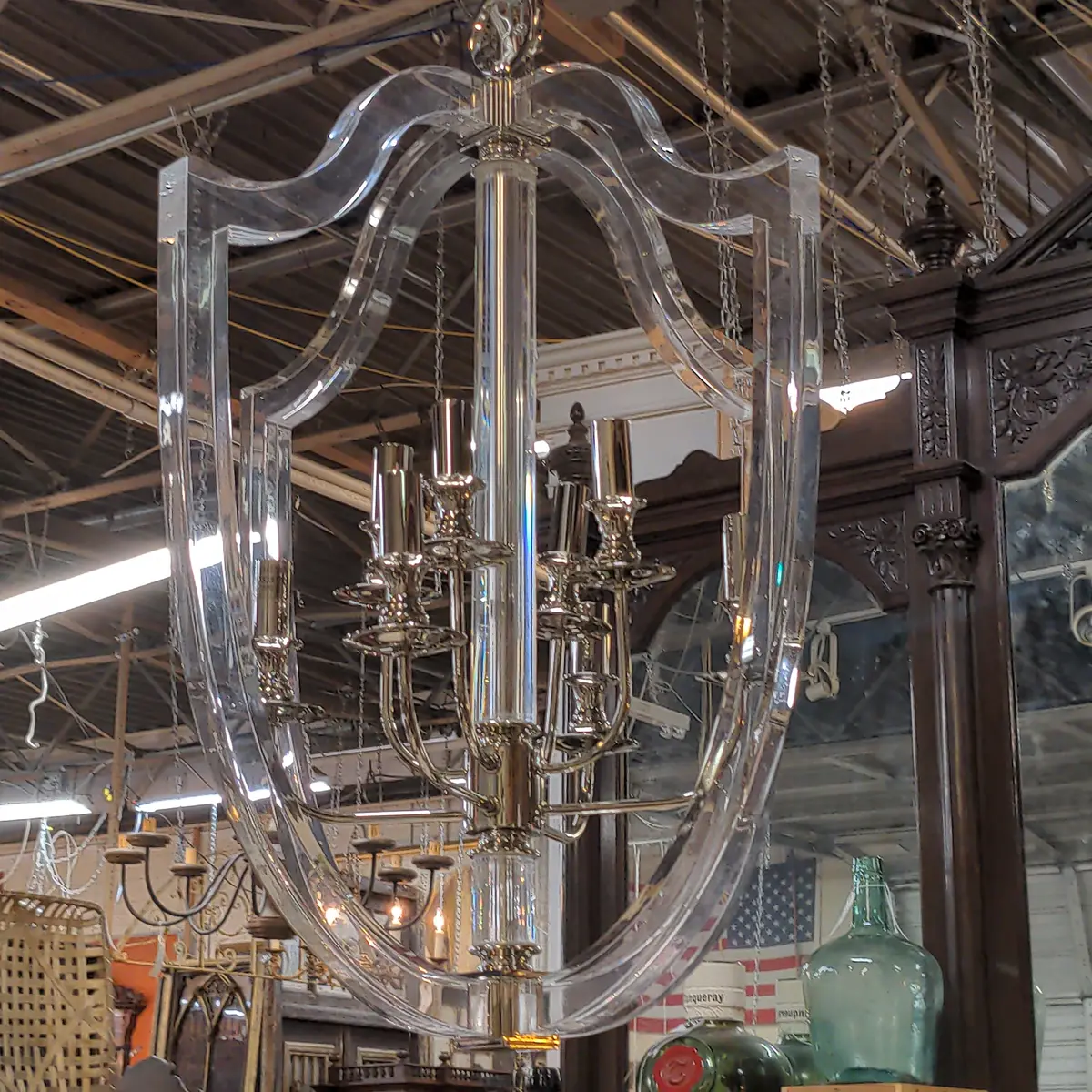 Modern Lucite And Stainless Steel Eight Light Chandelier As Is Has Short 1