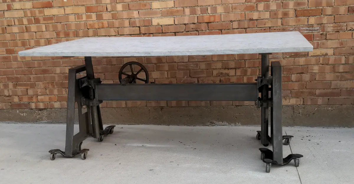 Cast Iron Base Industrial Table With Carrera Marble Top 1