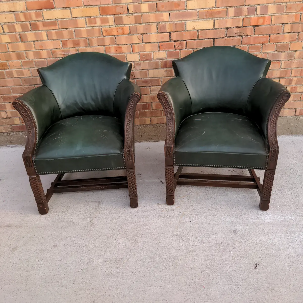 Pair Of Antique Green Leather Carved Wood Chairs 1