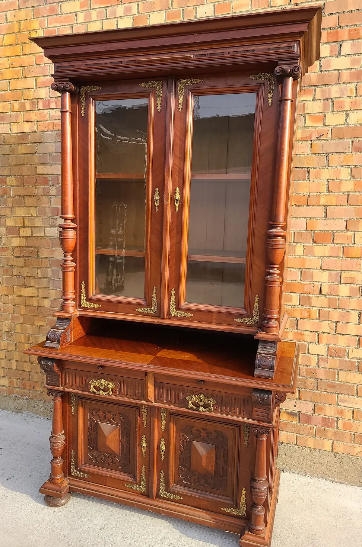 Austrian Walnut Bookcase With Glass Upper Doors And Carved Lower Doors 1