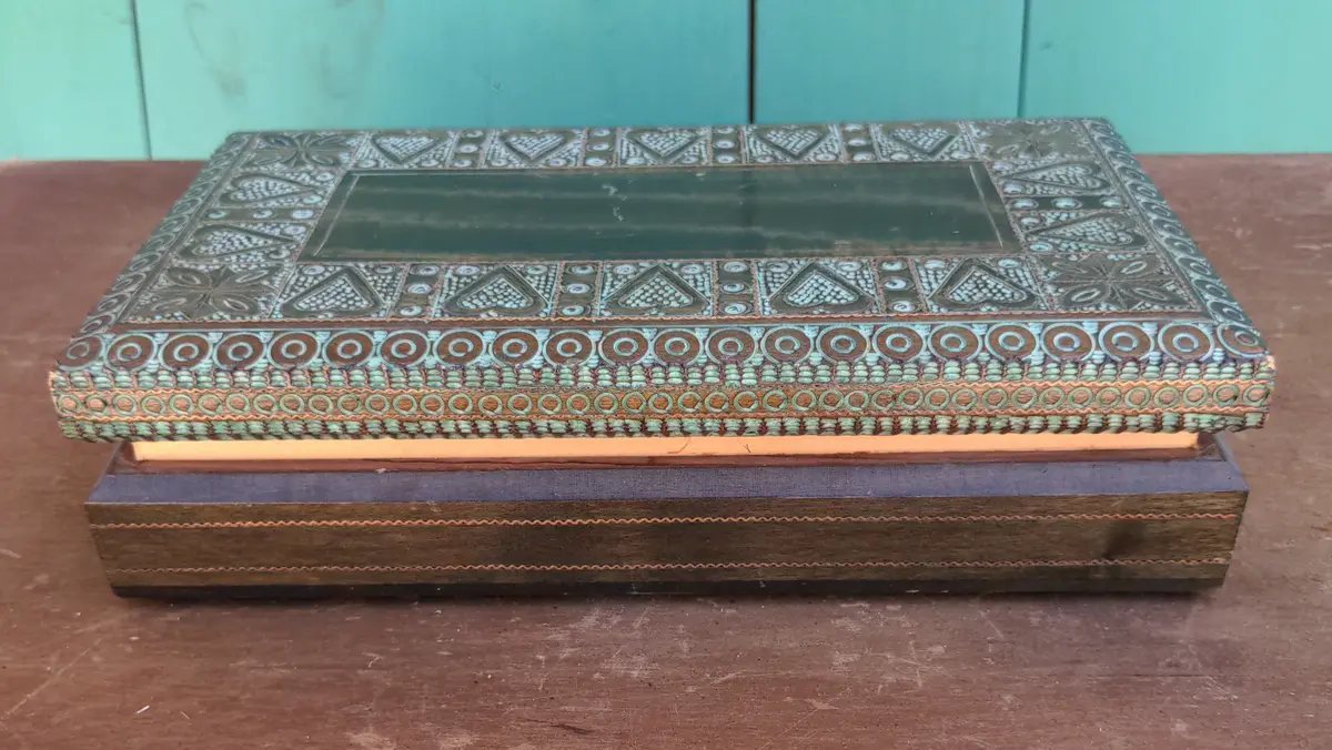Carved Inlaid Wooden Box, Verdigris Colored 1