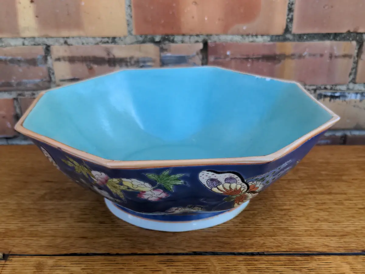 Octagonal Shaped Asian Style Bowl With Butterflies, By Neiman Marcus Hong Kong, As Found 1