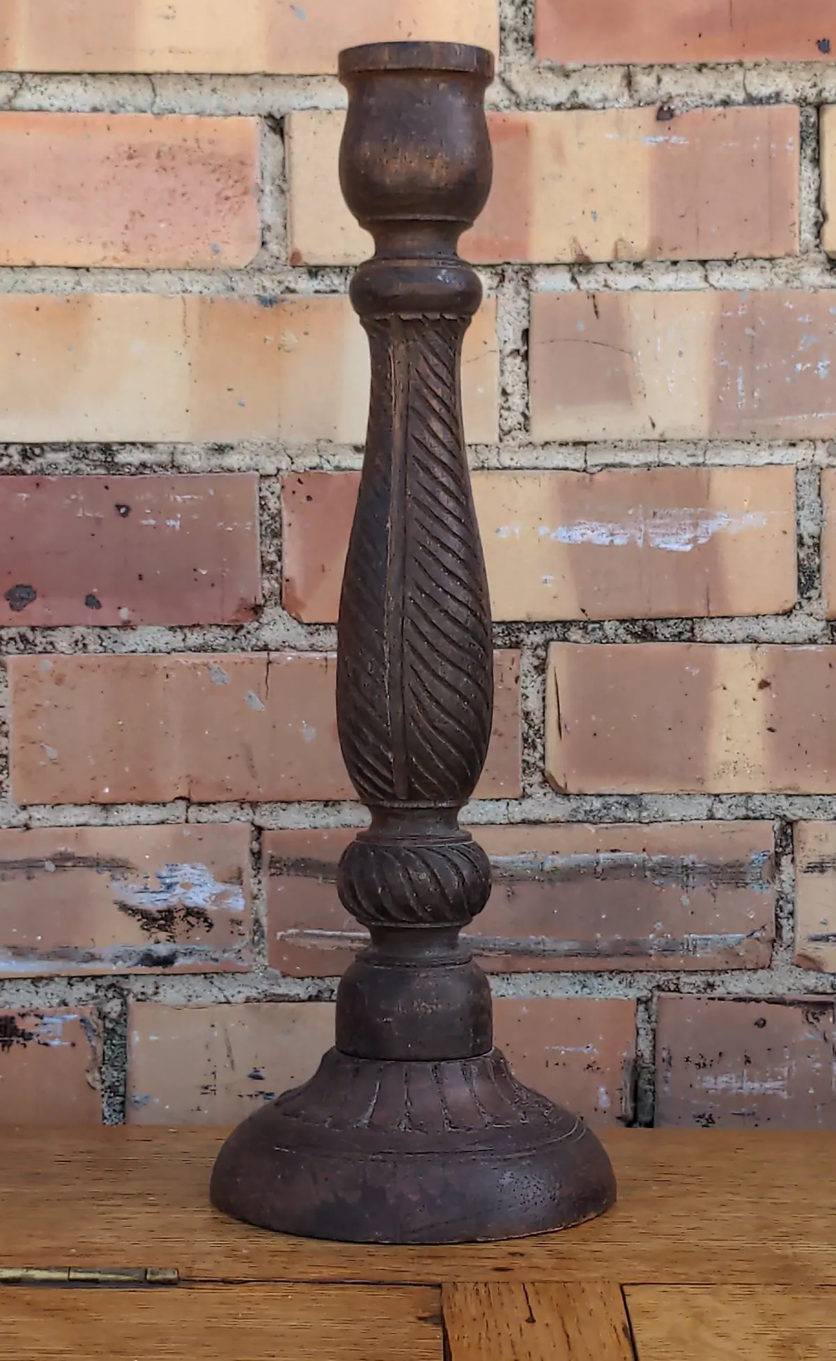 Single Indonesian Carved Wooden Candlestick 1