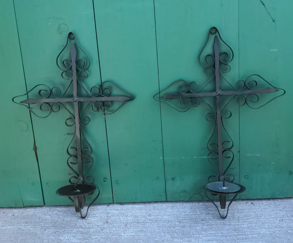 Pair Of Wrought Metal Cross Candle Sconces 1