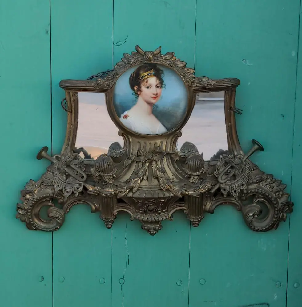 Ornate Antique Gilt Brass Small Wall Mirror With Portrait In Center 1