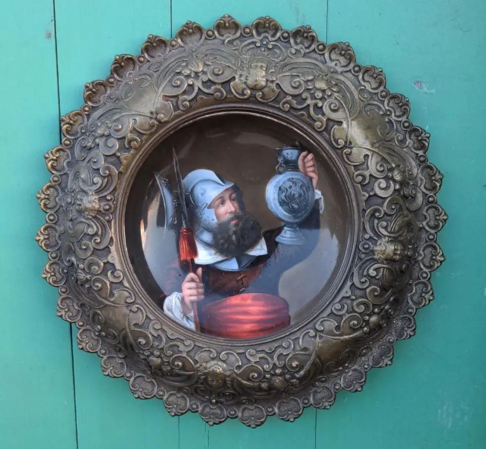 Antique Hand Painted Plate With European Soldier & Ornate Metal Surround 1