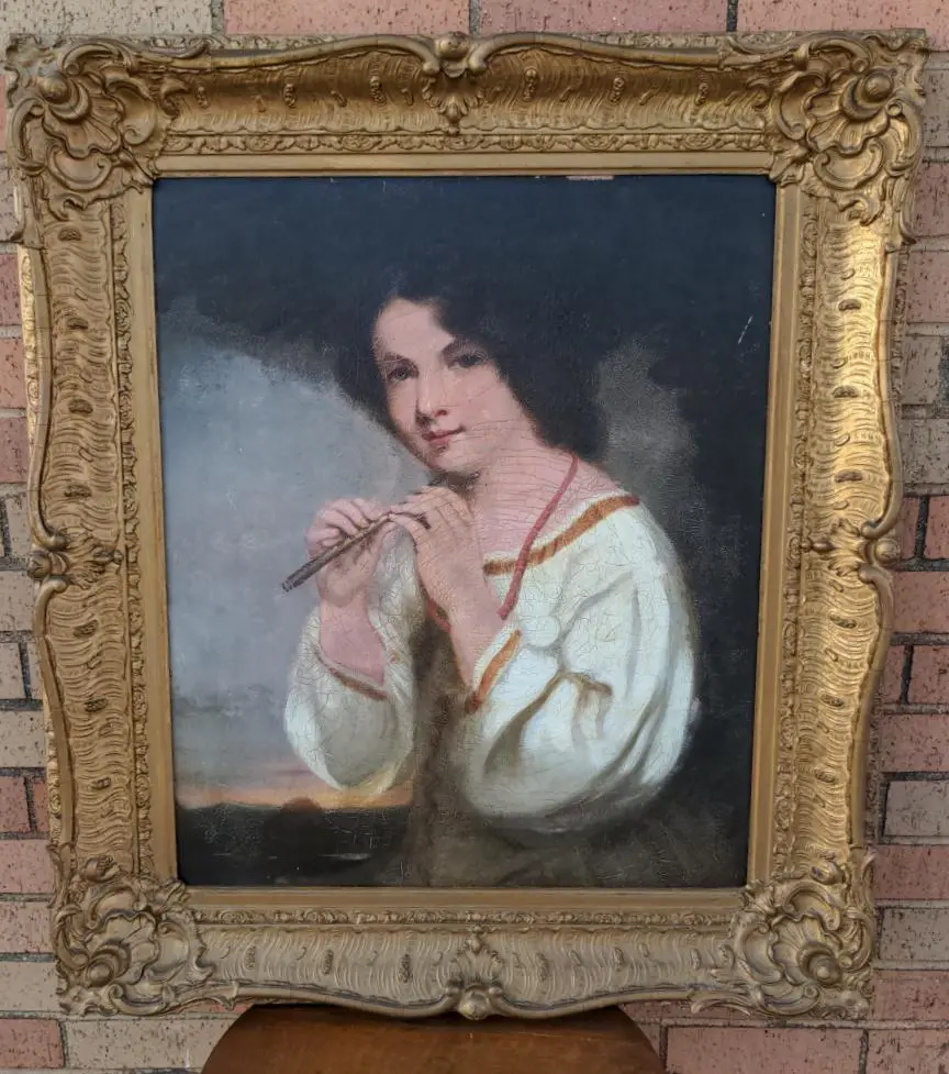 Antique Gold Frame Portrait Oil Painting Of A Young Girl 1
