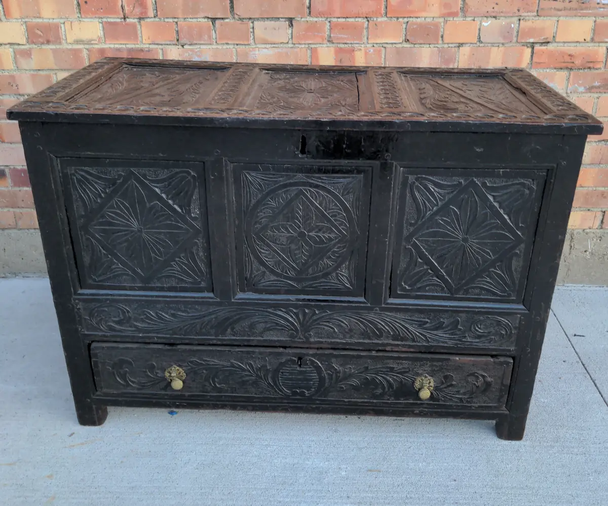 Early English Carved Oak Trunk With Drawer 1