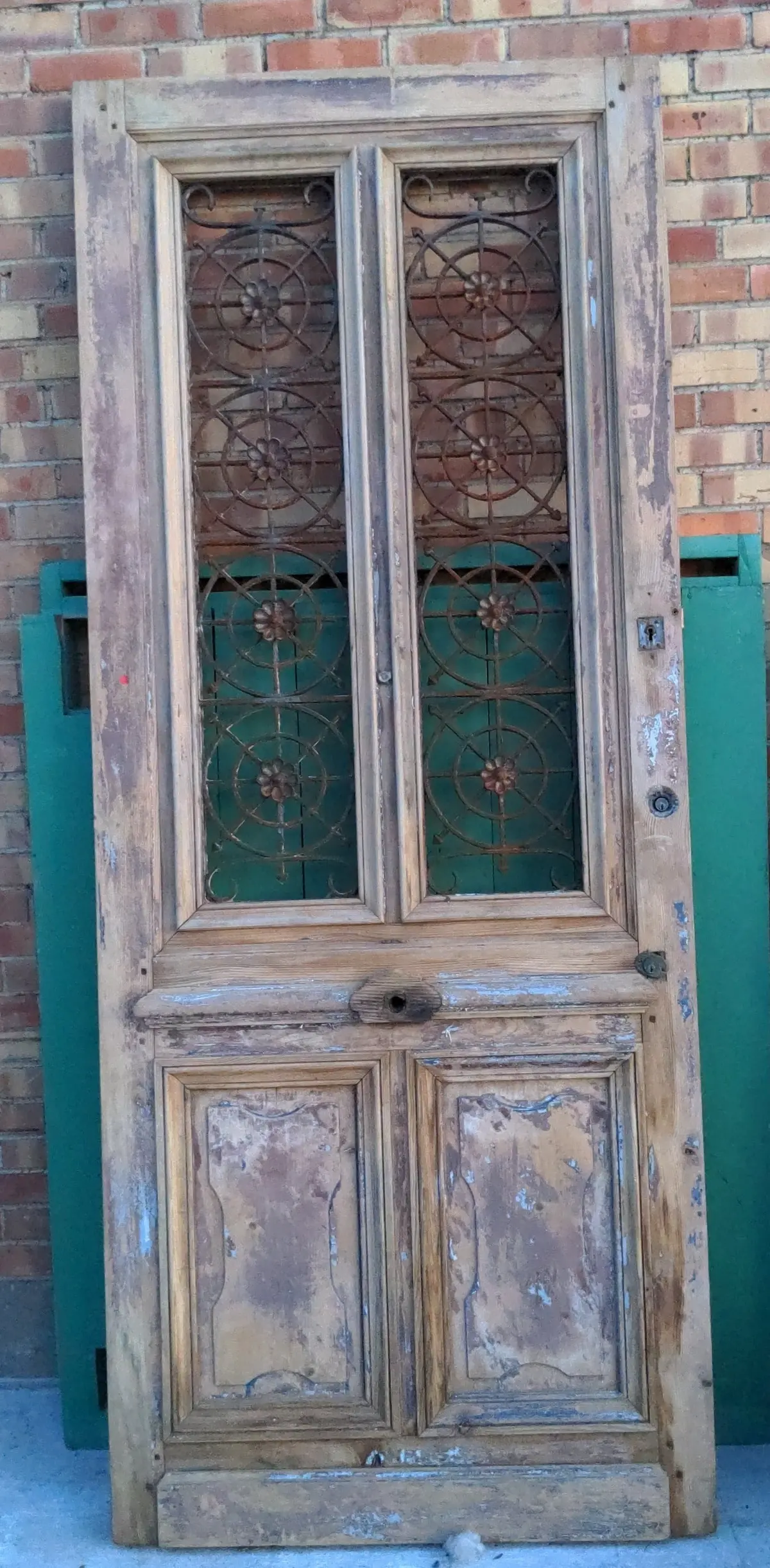 Large French Pine House Door With Iron Inset 1