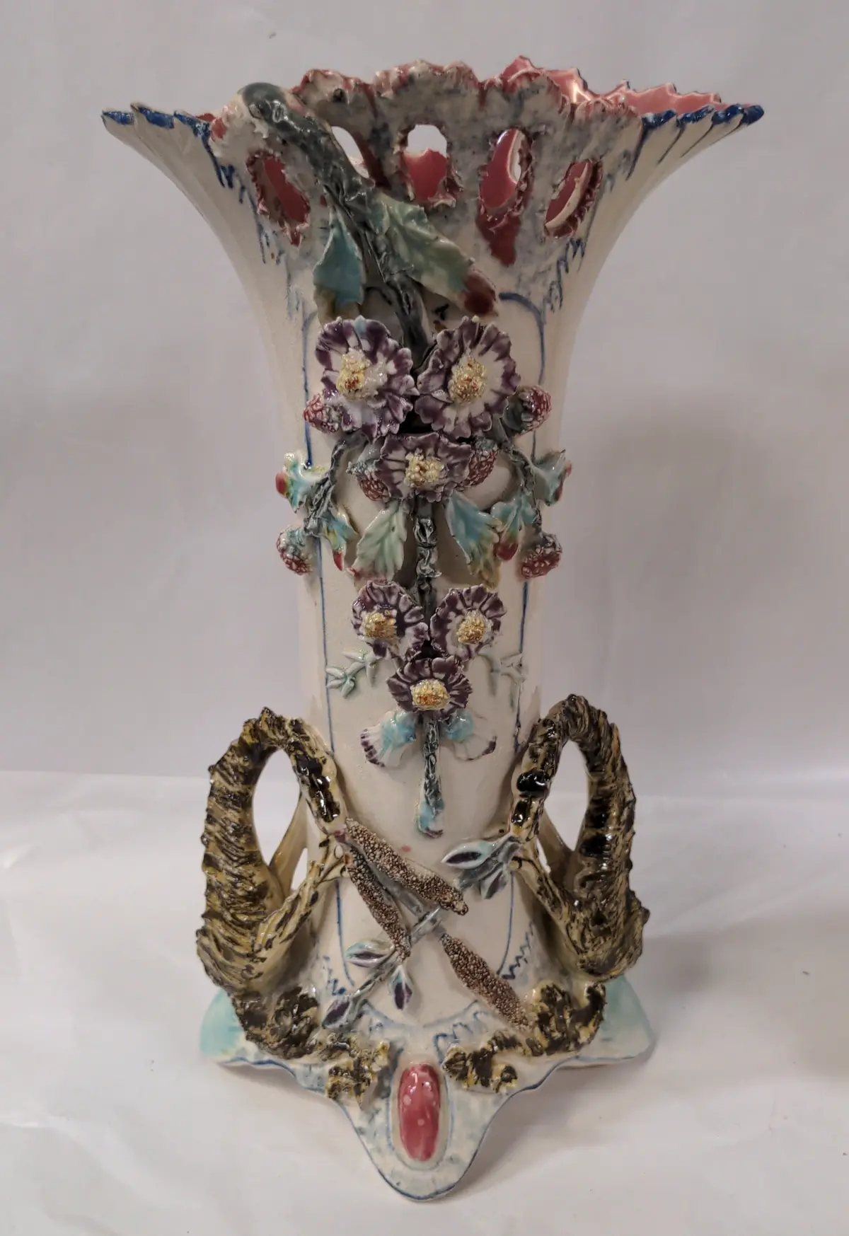 Barbotine Floral Dragon Vase As Found 1