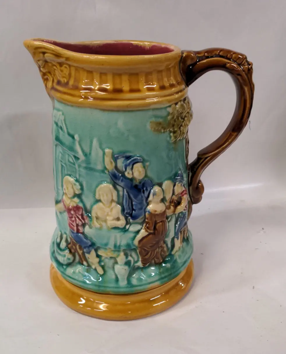 Large Green & Gold Majolica Pitcher, Banquet Motif 1