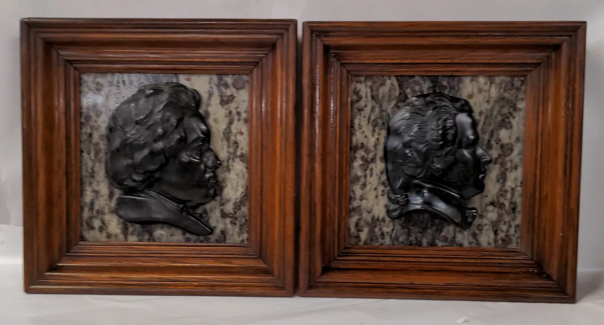 Pair Of Mozart & Beethoven Framed Marble Plaques 1
