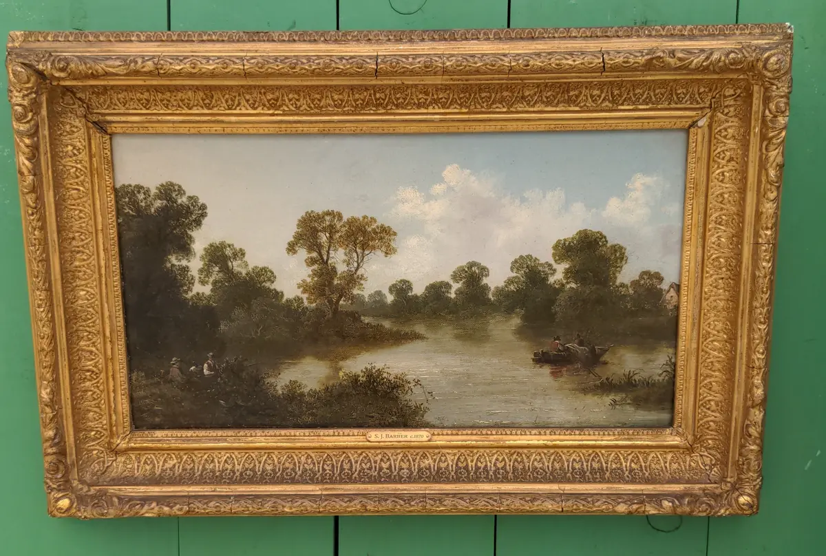 Early Framed Oil Painting "On The Thames" Signed S. J. Barber 1
