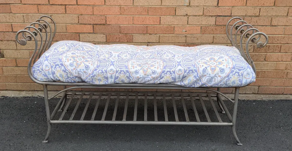 Gray Iron Bench With Uholstered Cushion & Lower Shelf 1