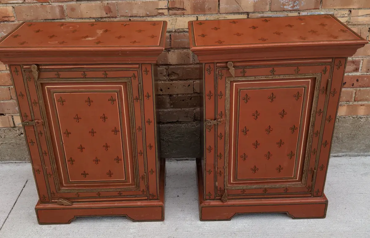 Pair Of Vintage French Fleur De Lis Painted Side Cabinets From India 1