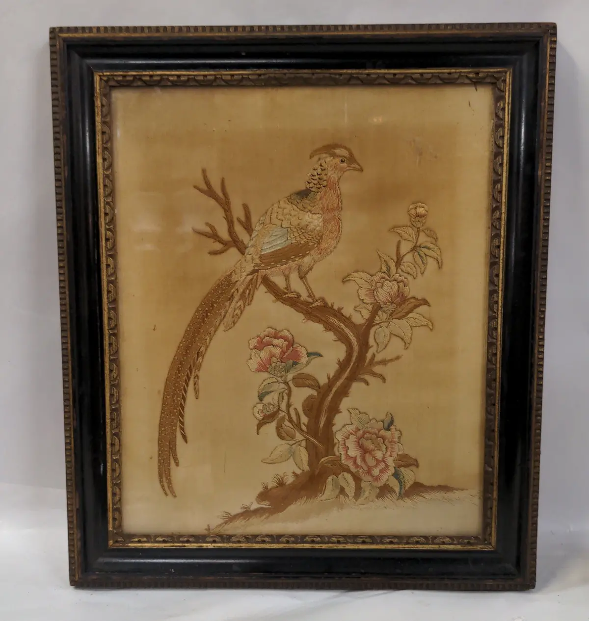 Small Framed Embroidery Of A Peacock 1