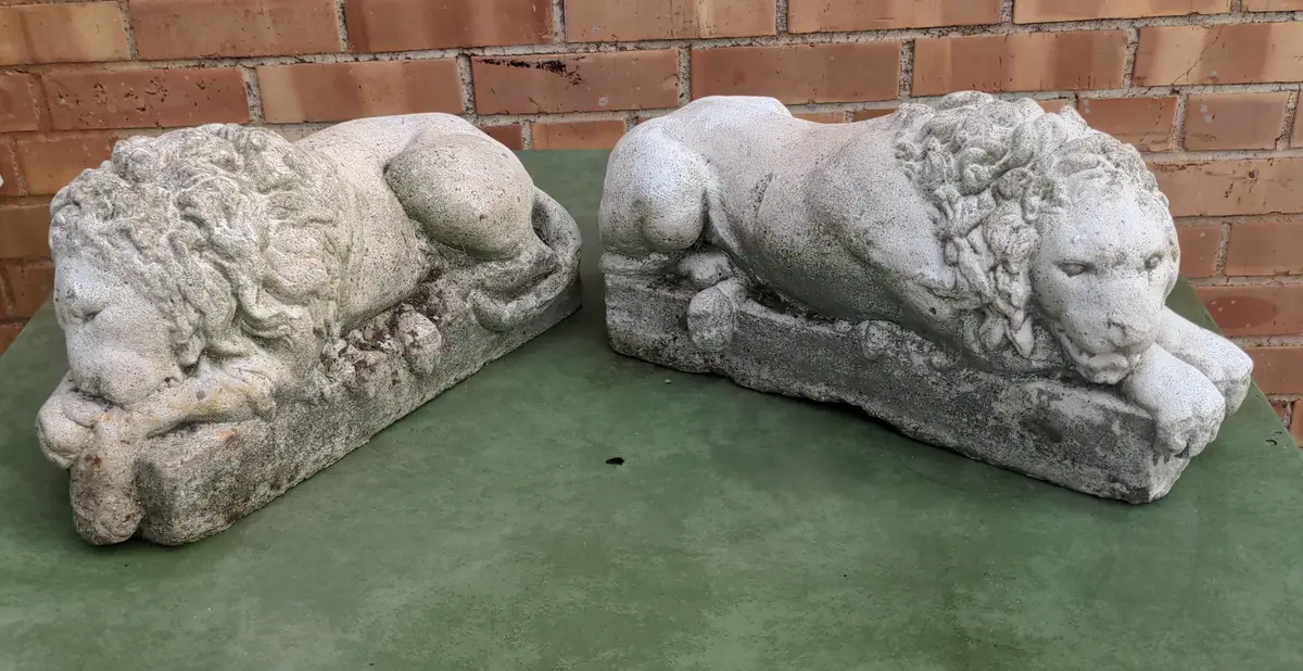 Pair Of Reclining Concrete Lions 1