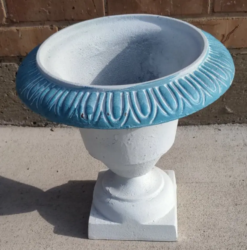Small Cast Iron Planter, White With Blue Rim 1