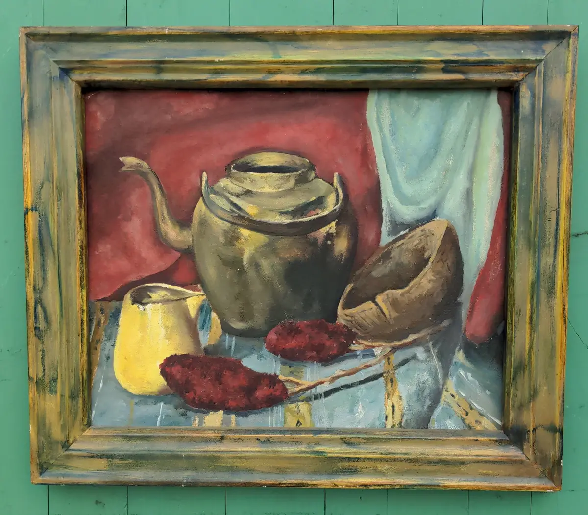 Still Life Oil Painting Of A Kettle In Green Frame 1