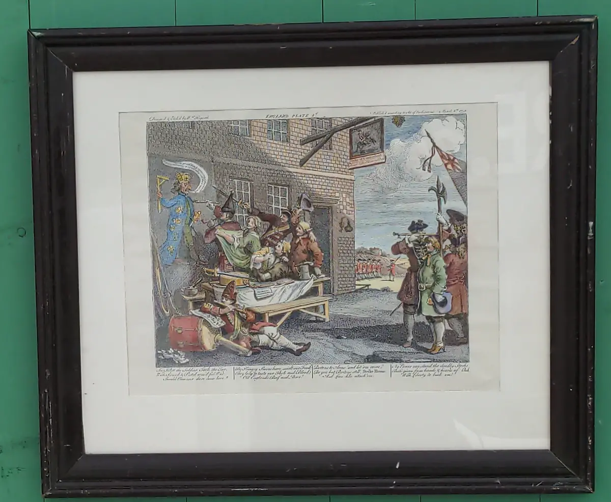 Hand Colored English Engraving-Soldiers At The Duke Of Cumberland Tavern 1