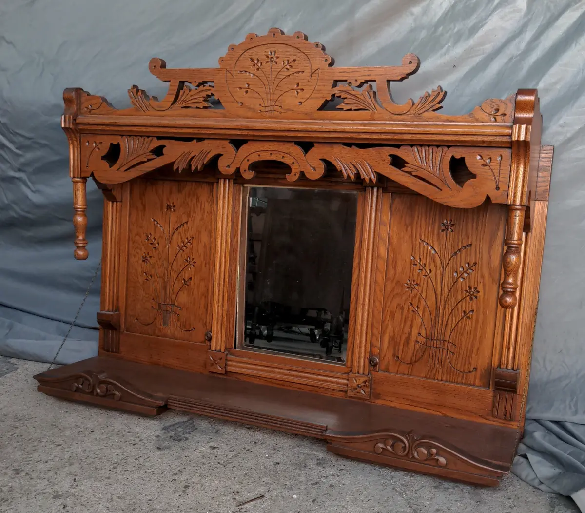 Eastlake Oak Hanging Wall Shelf With Beveled-Glass Mirror 1