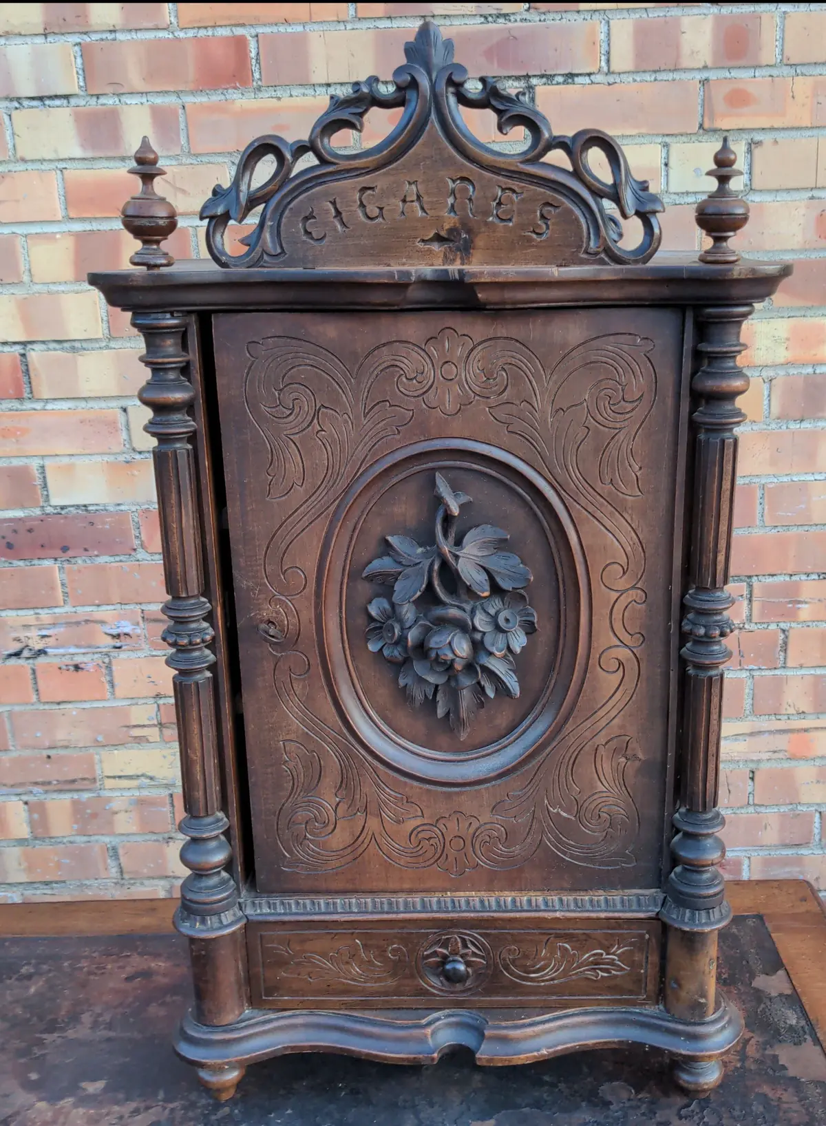French  Walnut Tobacco Cabinet With "Cigares" And Floral Carved Door 1