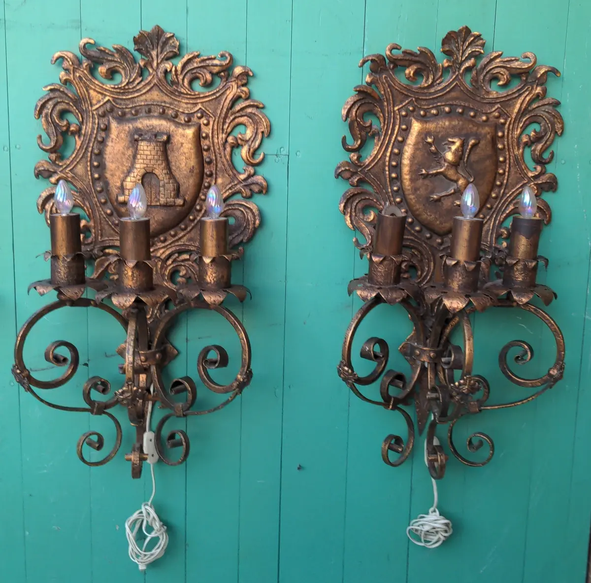 Pair Of Heraldic Shield Motif Sconces, Gilt Painted Iron 1